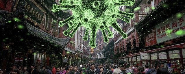 Large image of coronavirus over a crowded street
